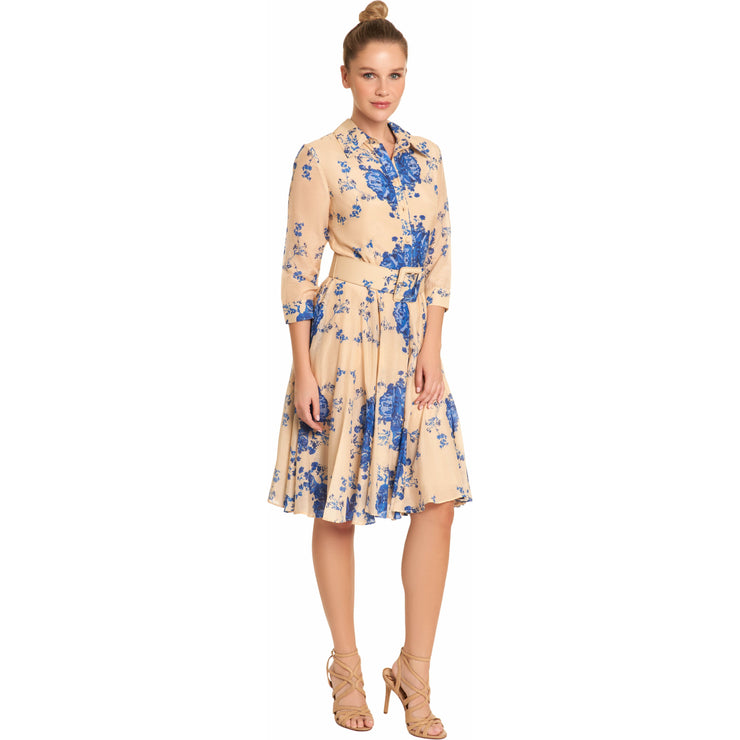 Silk and cotton Belted Blue Flowers Dress - Hottie + Lord