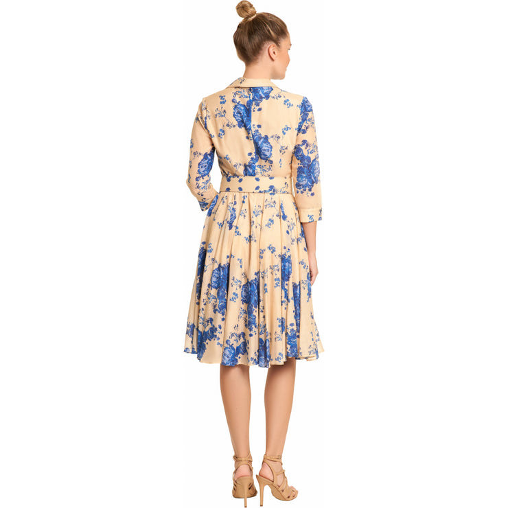 Silk and cotton Belted Blue Flowers Dress - Hottie + Lord